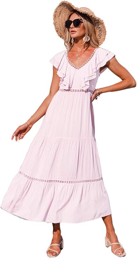 Narspeer Women's Beach Flowy Long Dress Ruffle V-Neck Maxi Dress Casual Backless Aline Dress | Amazon (US)