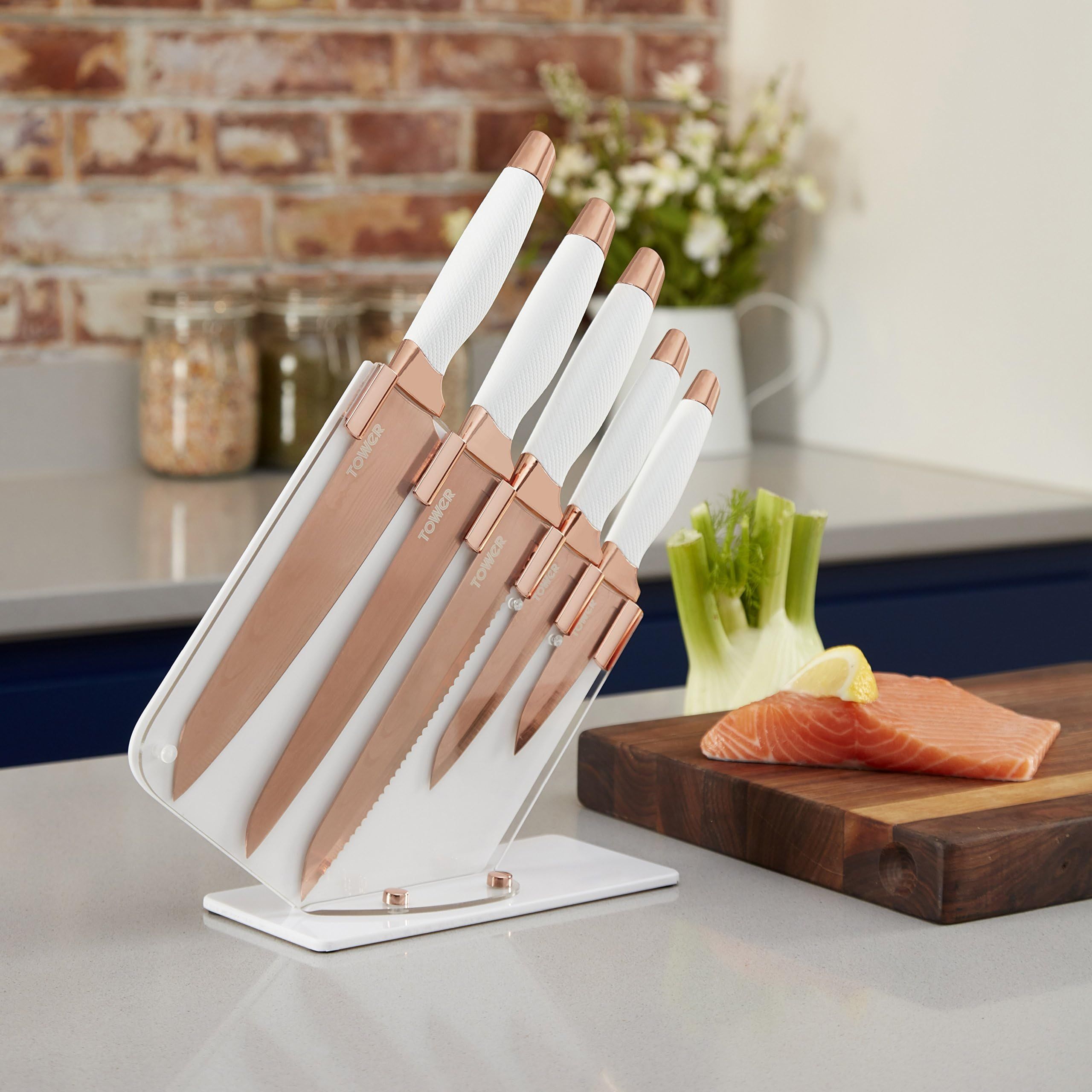 TOWER Damascus Effect Kitchen Knife Set with Stainless Steel Blades and Acrylic Stand, 5 Piece, R... | Amazon (US)