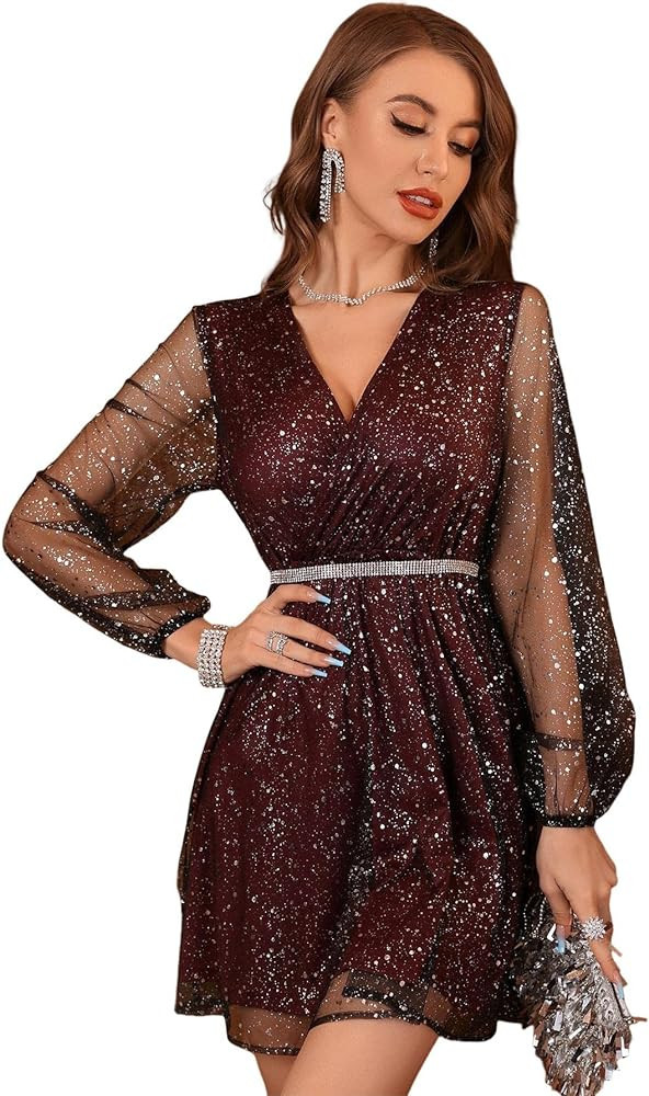 Floerns Women's Lantern Long Sleeve Sequin Dress With Sleeves Red Sheer Dress Red Dress Code Amazon | Amazon (US)