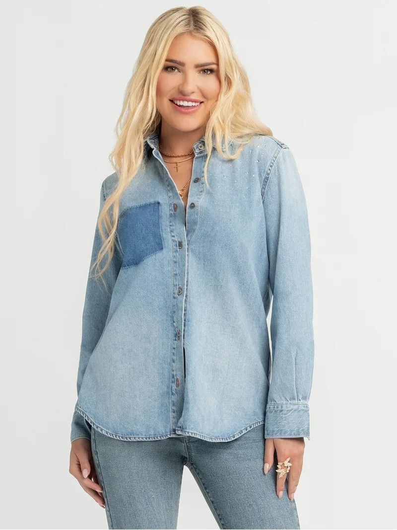 Jessica Simpson Women's Embellished Two Tone Denim Shirt with Long Sleeves, Sizes XS-XL | Walmart (US)
