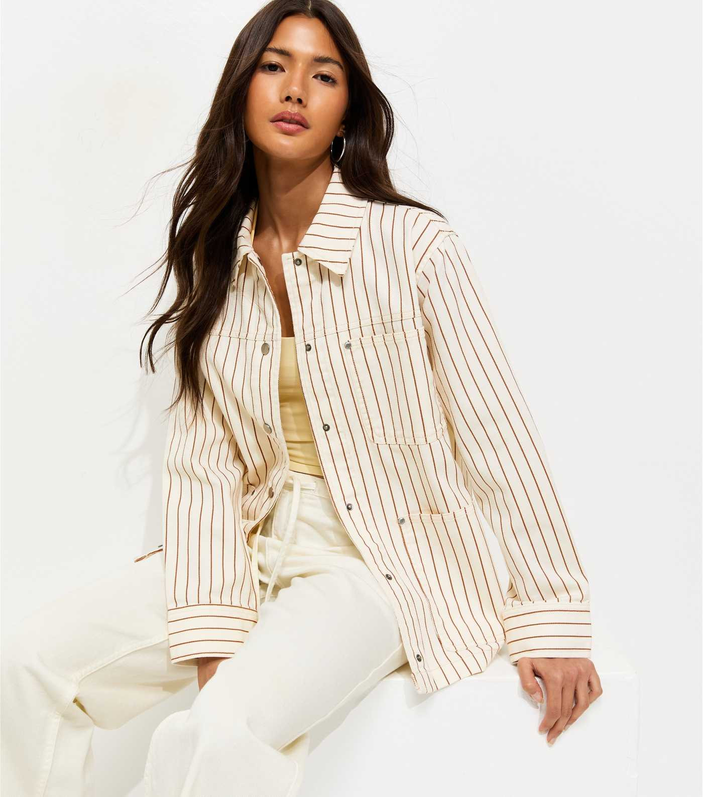 Cream Stripe Longline Cotton Shacket | New Look | New Look (UK)