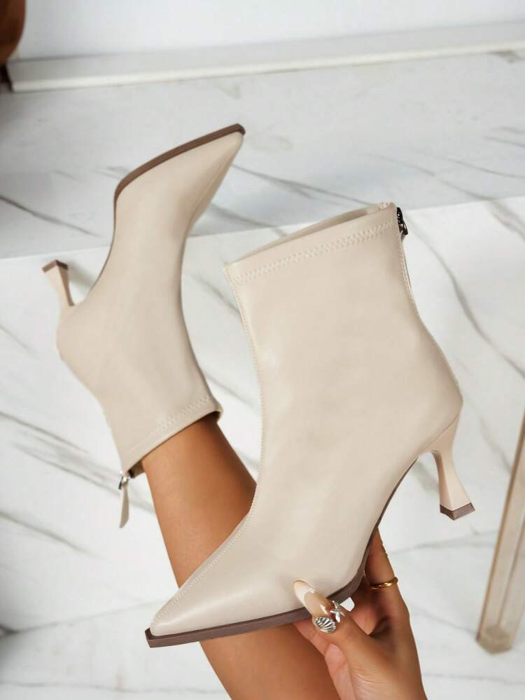 Damen High Heel Schlank Absatz Beige Knöchel Stiefel, Modische Kurzstiefel, Minimalistischer Pendler Stiefel Für Herbst & Winter, Klassische Reißverschluss Leder Kurzstiefel, Winterstiefel, Kitten Heel Stiefel | SHEIN