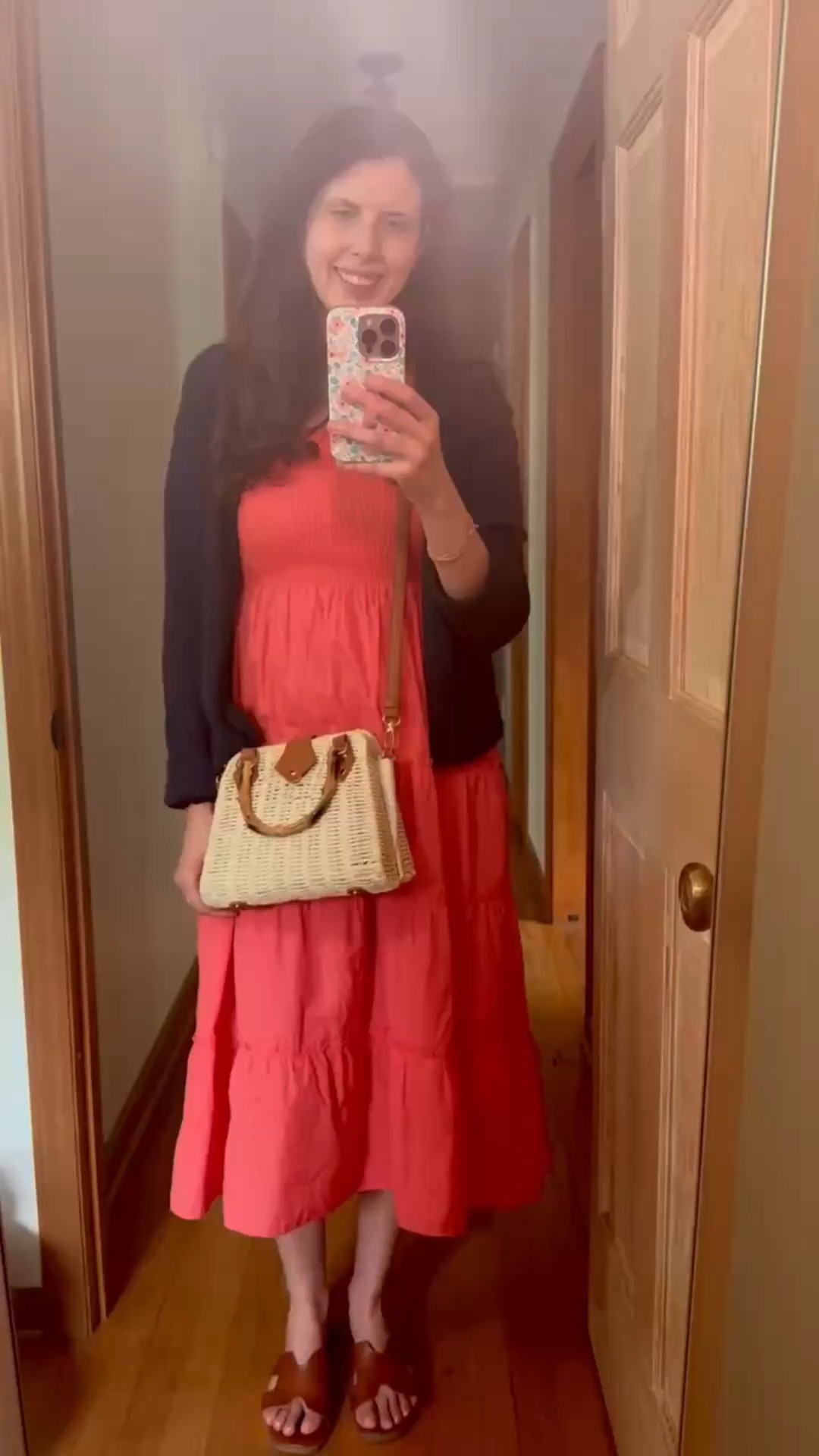 Midi smocked bodice dress from quince and amazon essentials navy cardigan and amazon raffia bag with target slides

#LTKootd #LTKgrwm #LTKSeasonal