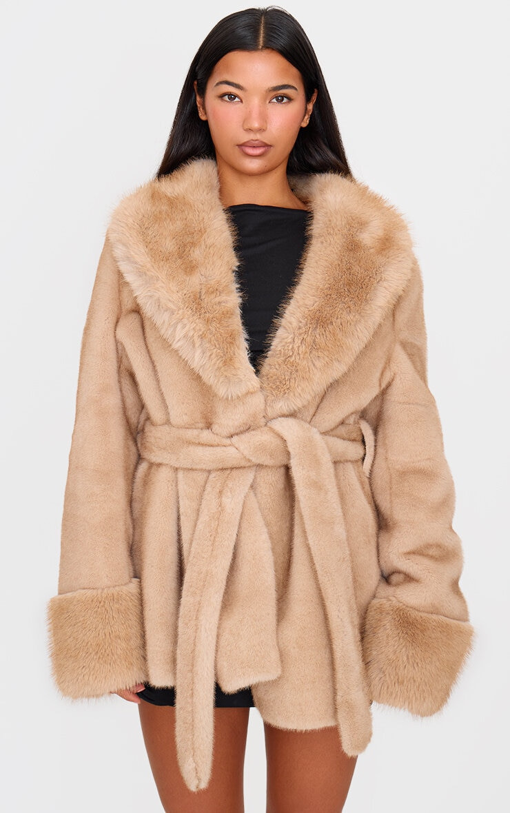 Mushroom Plush Faux Fur Self Tie Coat | PrettyLittleThing UK