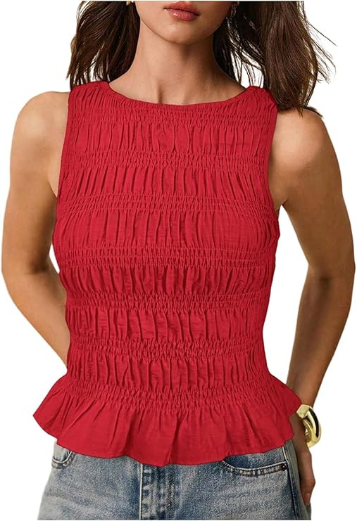 Milumia Women's Sleeveless Crewneck Frill Smocked Ruffle Crop Top Shirred Tank Top Shirt | Amazon (US)