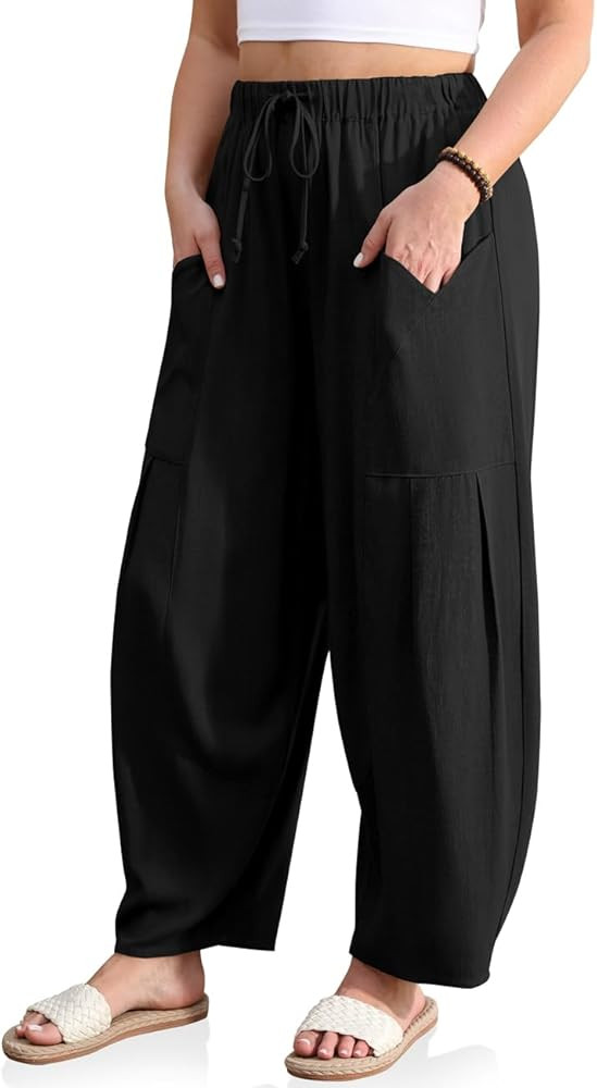 TARSE Womens Linen Harem Pants Elastic Waist Drawstring Loose Fit Baggy Casual Pants with Pockets | Amazon (US)