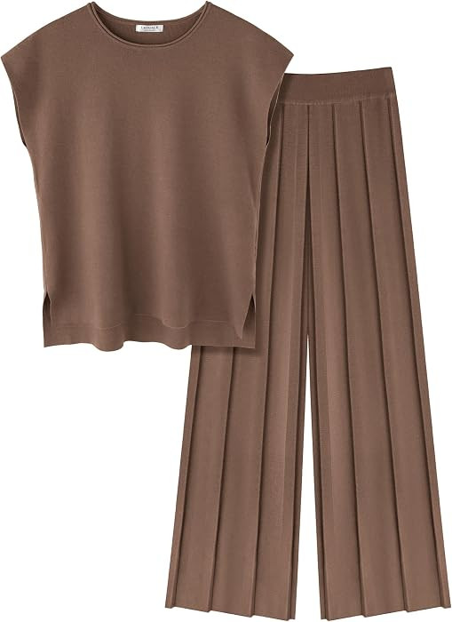 Ekouaer Lounge Sets for Women Two Piece Outfits Knit Cap Sleeve Tops Wide Leg Pleated Pants Casual Dressy Sweater Sets | Amazon (US)