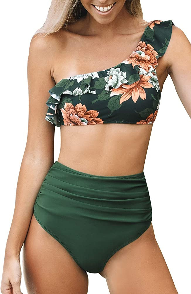 CUPSHE Bikini Sets for Women Bathing Suit High Waisted Tummy Control One Shoulder Ruffle | Amazon (US)