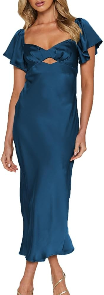 Summer Satin Flutter Sleeve Wedding Guest Dresses for Women Sweetheart Neckline Cutout Tie Back M... | Amazon (US)