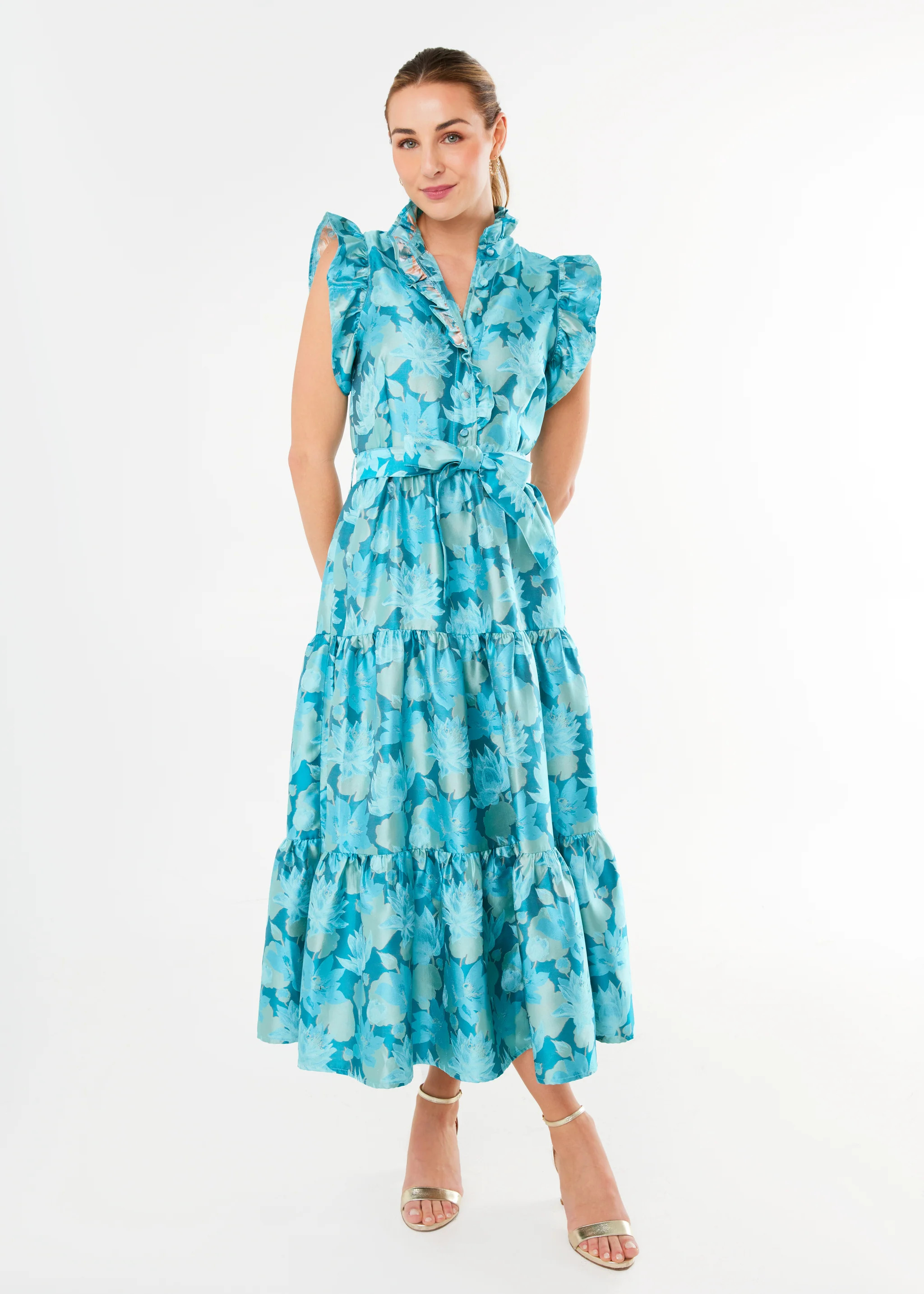 Sleeveless Sadie Maxi Dress Aqua Floral Silhouette Jacquard | Abbey Glass