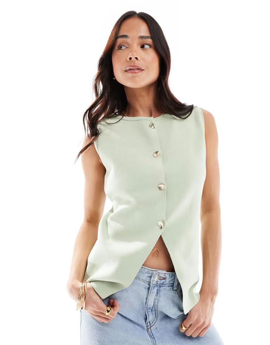 DESIGN knit button front vest with gold buttons in sage green | ASOS (Global)