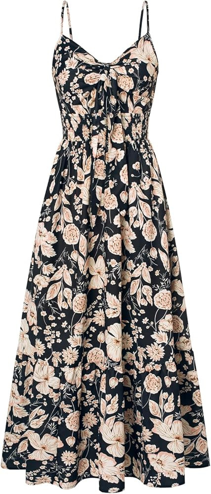 GRACE KARIN Women's 2026 Summer Maxi Dress Floral Tie Front Spaghetti Strap Casual Boho Beach Flo... | Amazon (US)