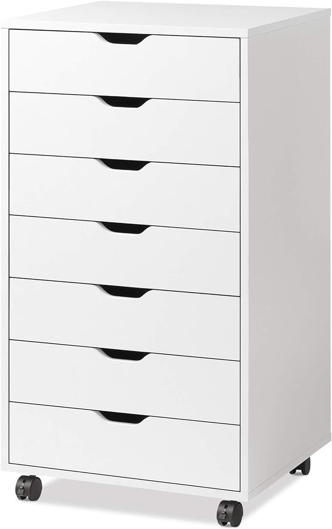 DEVAISE 7-Drawer Chest, Wood Storage Dresser Cabinet with Wheels, White | Amazon (US)