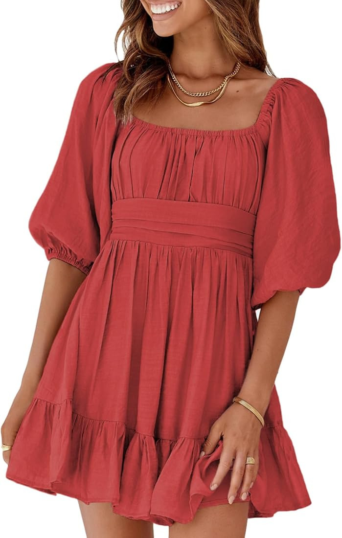 Dokotoo Womens Summer Dresses Square Neck Lantern Sleeve Tie Backless Ruffle A-Line Casual Dress | Amazon (US)