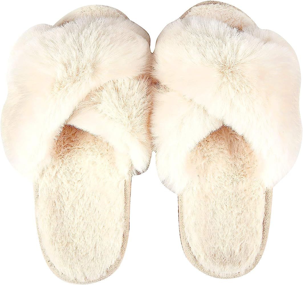 Women's Soft Plush Lightweight House Slippers Fuzzy Cross Band Slip on Open Toe Cozy Indoor Outdoor  | Amazon (US)