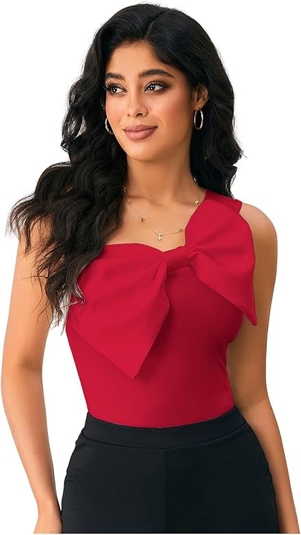 WDIRARA Women's Bow Front One Shoulder Bodysuit Asymmetrical Sleeveless Top | Amazon (US)