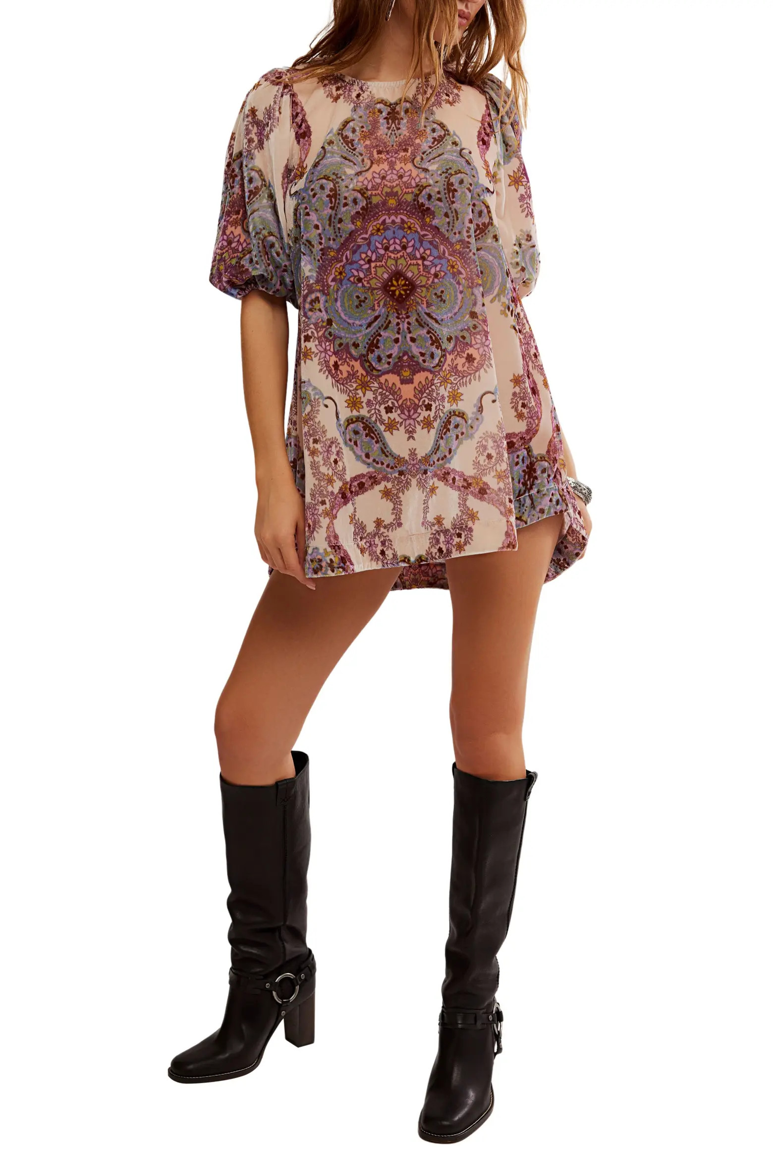 Free People Maye Print Puff Sleeve Velvet Tunic Top (Women) | Nordstromrack | Nordstrom Rack