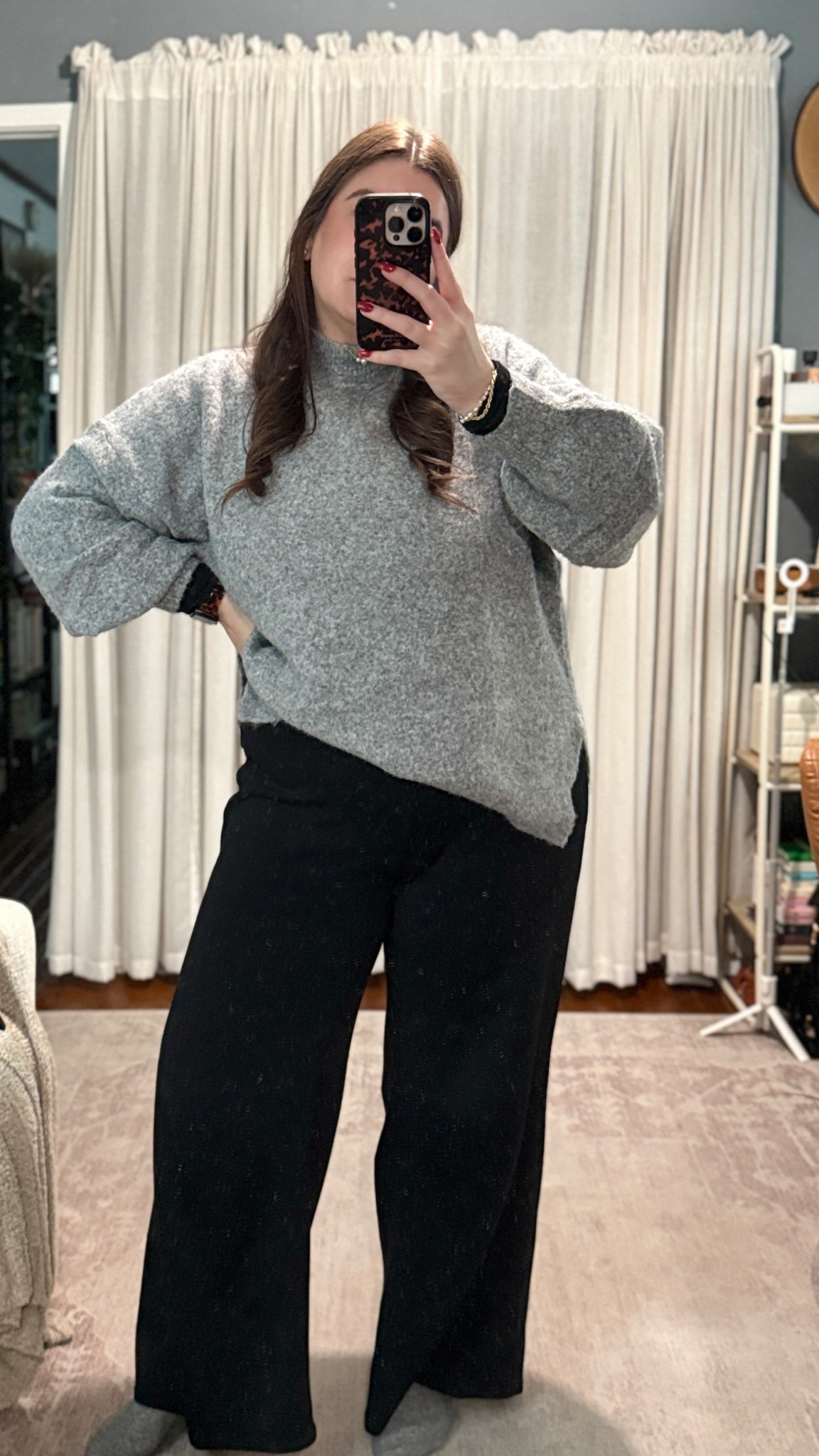 Today’s cozy WFH OOTD:
Pumiey double-line black long sleeve top (size L, TTS)
Cider oversized knit sweater, so soft and will be buying in other colors (size XL, oversized)
Spanx wide leg pants (size XL, TTS)
Wool socks (Amazon)

Accessories:
Amazon pearl necklace
Kate Spade stud earrings
Caitlyn Minimalist ring
Alex and Ani beaded bracelet
Tortoise Apple Watch band 

#LTKWorkwear #LTKMidsize #LTKootd