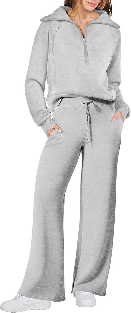 ANRABESS Women 2 Piece Outfits Sweatsuit Set 2023 Fall Oversized Half Zip Sweatshirt Wide Leg Swe... | Amazon (US)