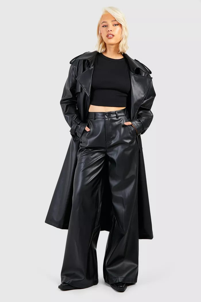 Leather Look Wide Fit Trousers | Boohoo.com (UK & IE)