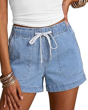 luvamia Jean Shorts for Women High Waisted Pull On Drawstring Elastic Waist Trendy Stretchy Denim... | Amazon (US)