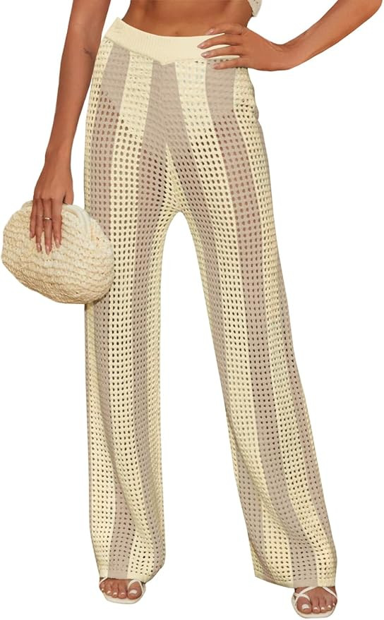 Fisoew Womens Crochet Cover Up Pants Striped High Waisted Sexy Sheer Mesh Knit Summer Beach Swims... | Amazon (US)
