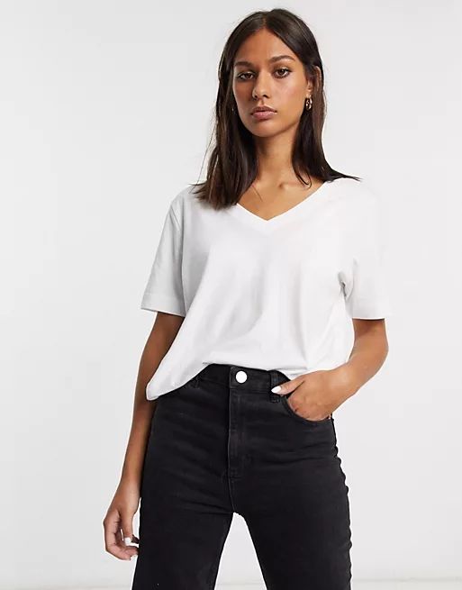 Selected Femme organic cotton v neck t-shirt with short sleeves in white | ASOS (Global)