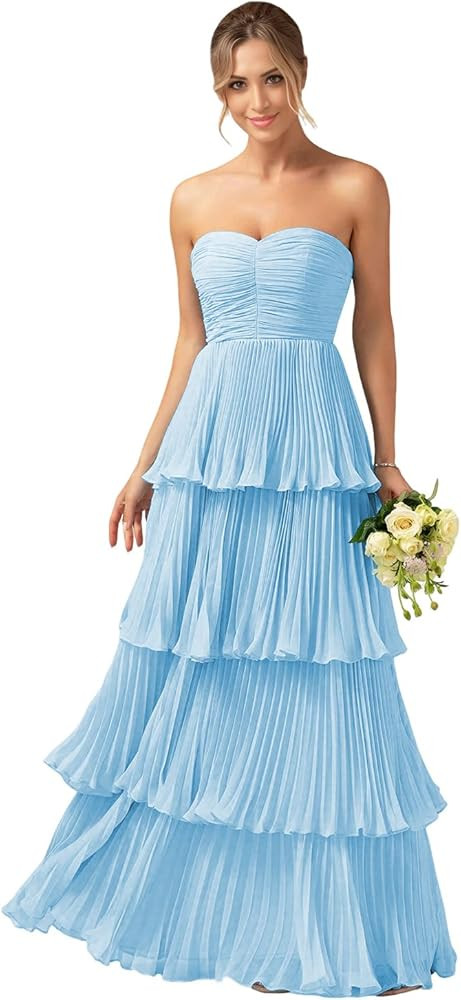Strapless Chiffon Prom Dresses for Women Tiered Ruffles Bridesmaid Dress Long A-Line Formal Eveni... | Amazon (US)