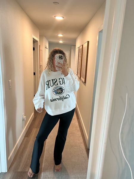 Abercrombie YPB Big Sur sweatshirt and flare leggings for a cozy loungewear look or comfy errands look , wearing xl in everything 

#LTKSale #LTKstyletip