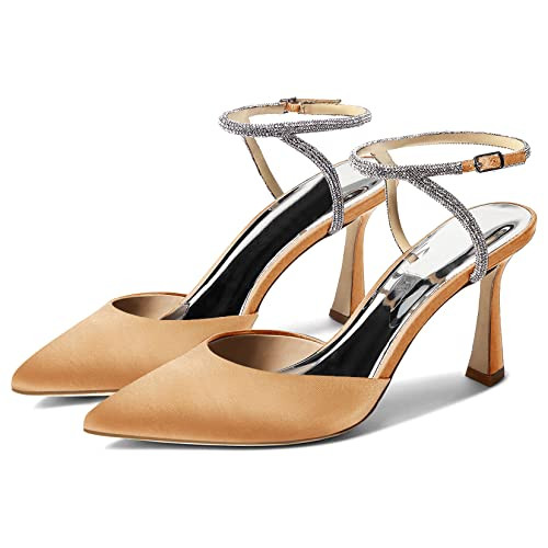 Coutgo Women Rhinestone Heels Kitten High Satin Pumps Pointed Toe Sparkly Sexy Wedding Dress Shoes Camel | Amazon (US)