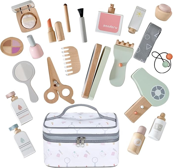 22 PCS Wooden Makeup Toy Set for Toddler Pretend Play,Wood Beauty Salon Toys Cute Wooden Makeup K... | Amazon (US)