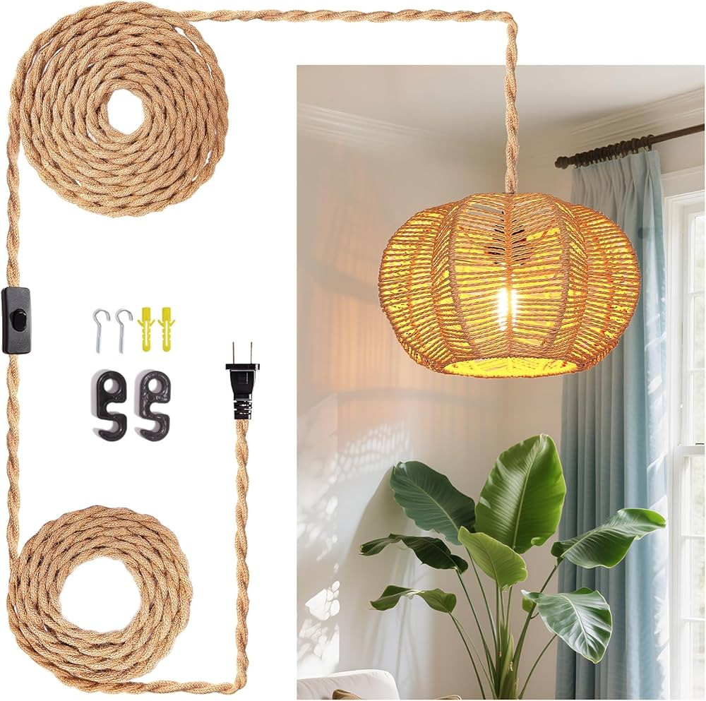Hanging Light Fixture with Plug in Cord with on Off Switch, Rattan Pendant Lights Boho Lamp Ceili... | Amazon (US)