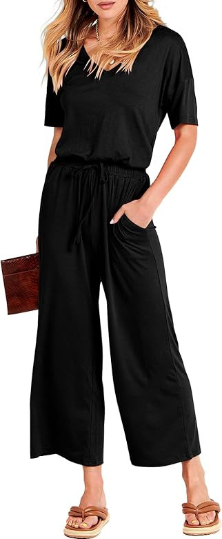 ANRABESS Women Short Sleeve Summer Casual V Neck Elastic Waist Wide Leg Cropped Pant Jumpsuits Rompe | Amazon (US)