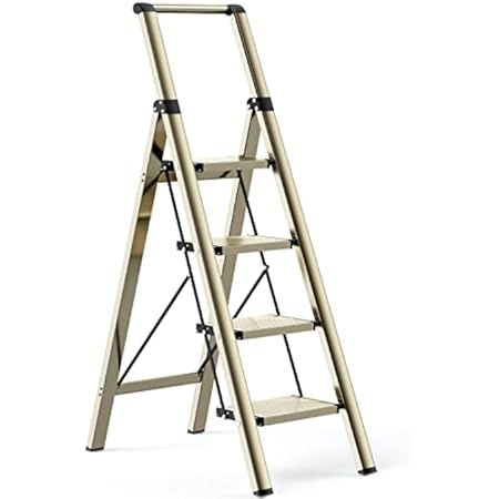 GameGem 4 Step Ladder, Folding Step Stool with Anti-Slip and Wide Pedal, Gold Ladder with Handgrip,  | Amazon (US)