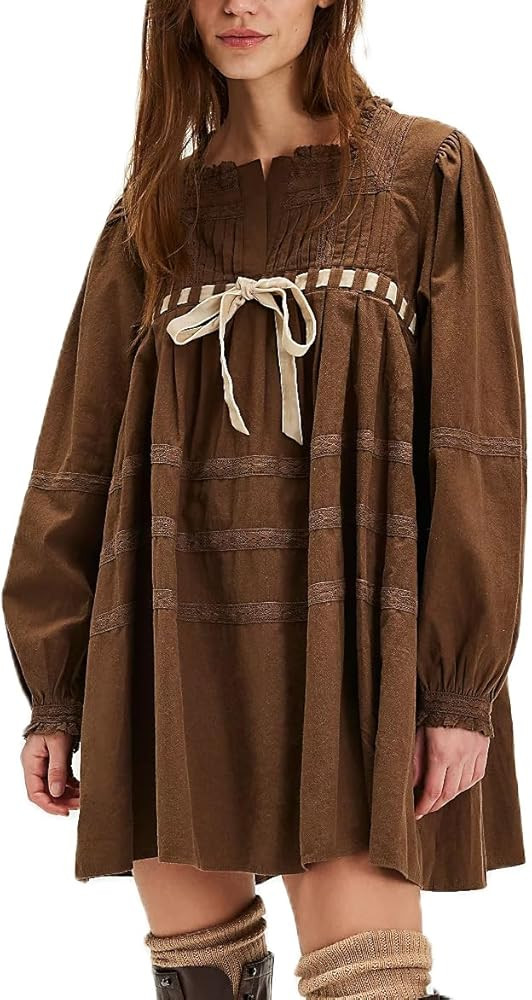 Women Bow Tie Front Mini Babydoll Dress Cute Embroidery Ruffle Shirt Dress Y2k Long Puff Sleeve S... | Amazon (US)