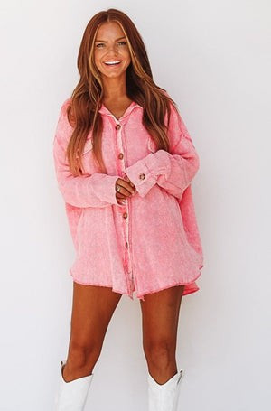 Waffle Knit Button Down Shacket - Fuchsia Pink | Hazel and Olive