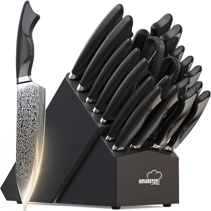 Amorston 22 Pieces Knife Set, Laser Engraved High Carbon Stainless Steel Knife Block Set, Full Ta... | Amazon (US)