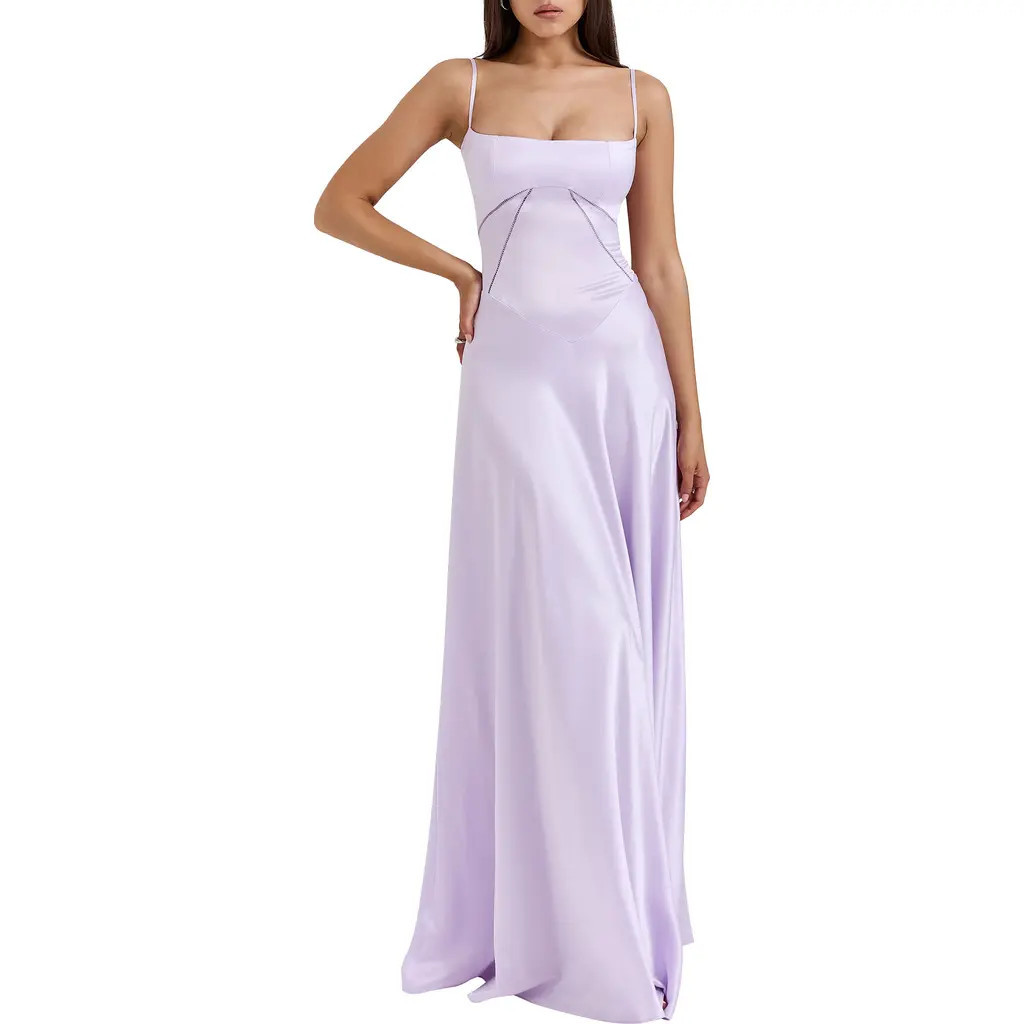HOUSE OF CB Anabella Lace-Up Satin Gown in Pastel Lilac at Nordstrom, Size Large A | Nordstrom