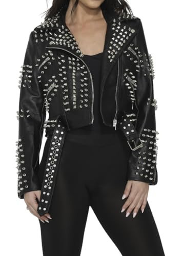 Pretty Attitude Womens Studded Faux Leather Jacket Studs Motorcycle Jacket L | Amazon (US)