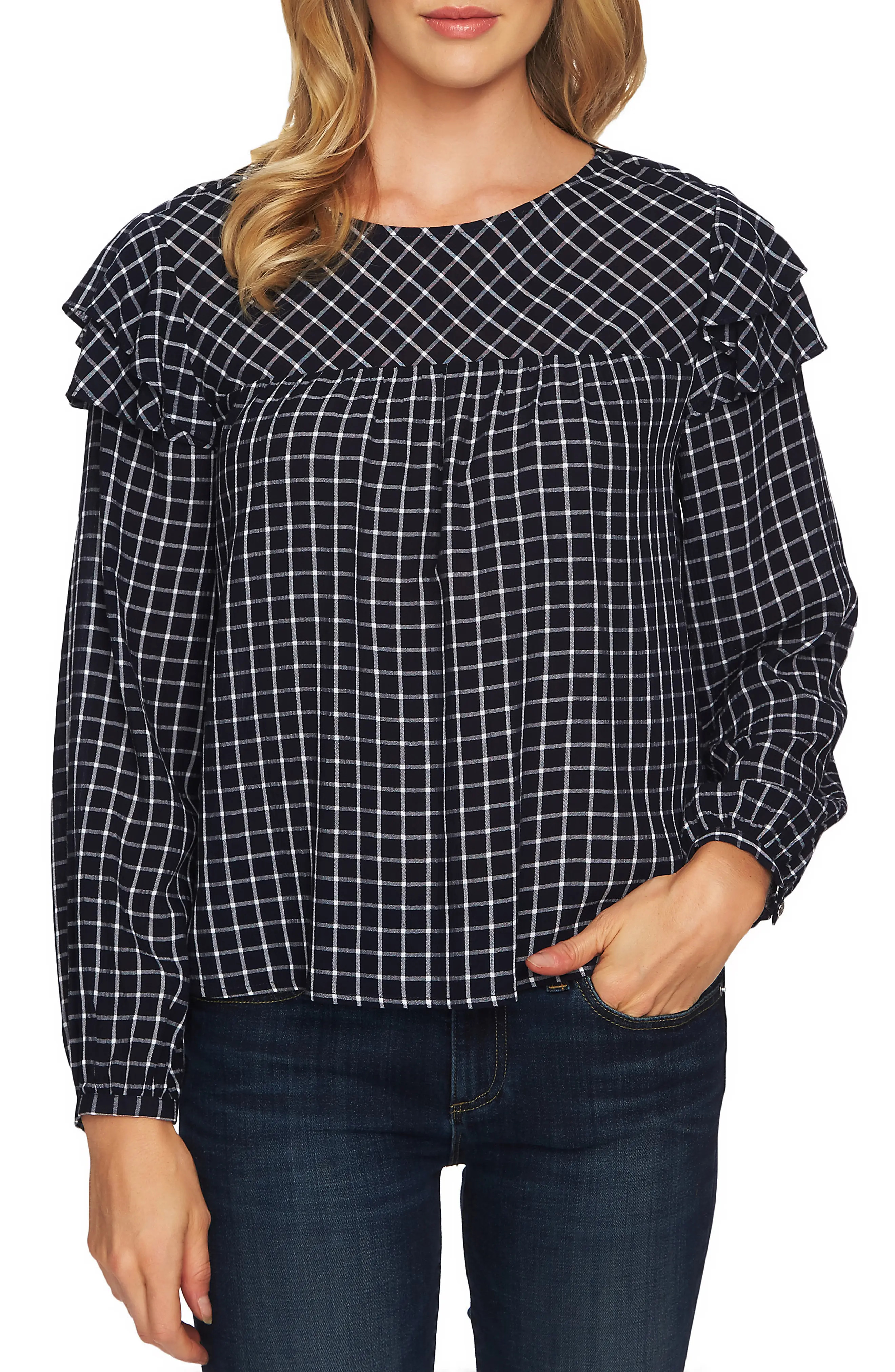 CeCe Check Tiered Ruffle Detail Top | Nordstrom
