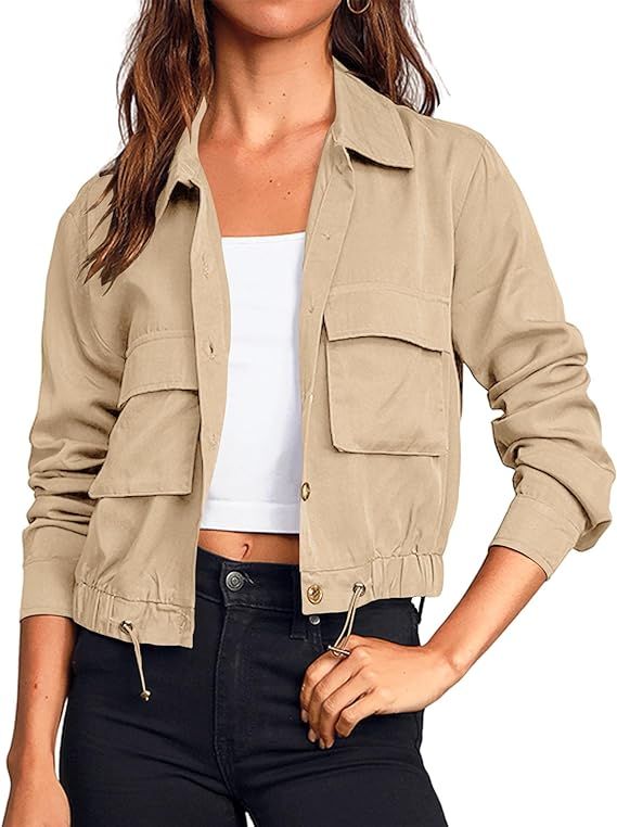 Onedreamer Women's Military Safari Cropped Jackets Button Down Lightweight Oversized Utility Anor... | Amazon (US)