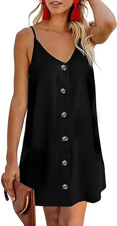 AlvaQ Women Summer Spaghetti Strap Button Down V Neck Sleeveless Casual Mini Dress | Amazon (US)