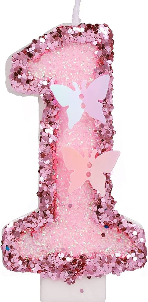 2.95 Inch Birthday Number Candles, Glitter Pink Number Candles Cake Topper Butterfly Birthday Can... | Amazon (US)