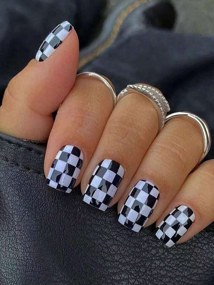 24pcs/Set Minimalist Solid Color Checker Matte Short Square Full Cover Press-On Nails With 1 Piec... | SHEIN