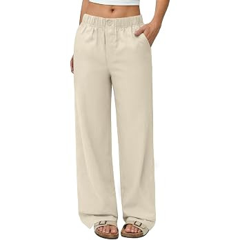 COPYLEAF Linen Pants Women Wide Leg Elastic Waist Flowy Palazzo Casual Pants with Pockets Beach T... | Amazon (US)