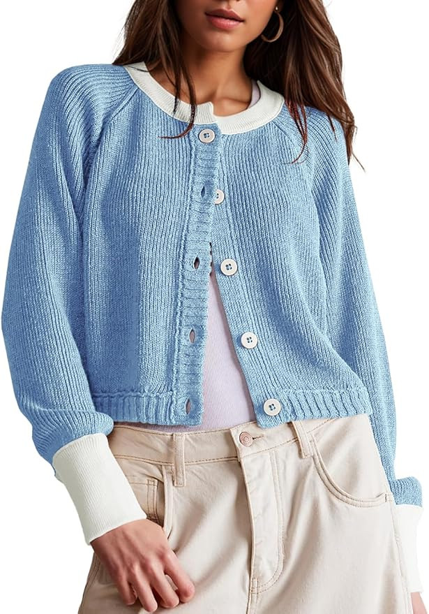 Women's Cropped Cardigan Sweaters Fall Long Sleeve Open Front Cardigans Button Down Color Block C... | Amazon (US)