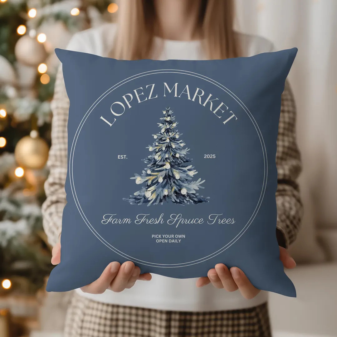 Blue Winter Pillow, Spruce Tree Market, Custom Family Name Throw Pillow | Etsy (US)