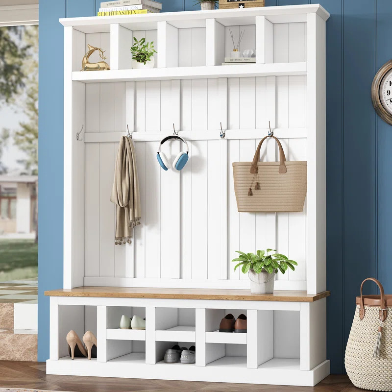Farmhouse Wooden Hall Tree with Wide Storage Bench, Entryway Shoe Cabinet with 13 Compartments an... | Wayfair North America