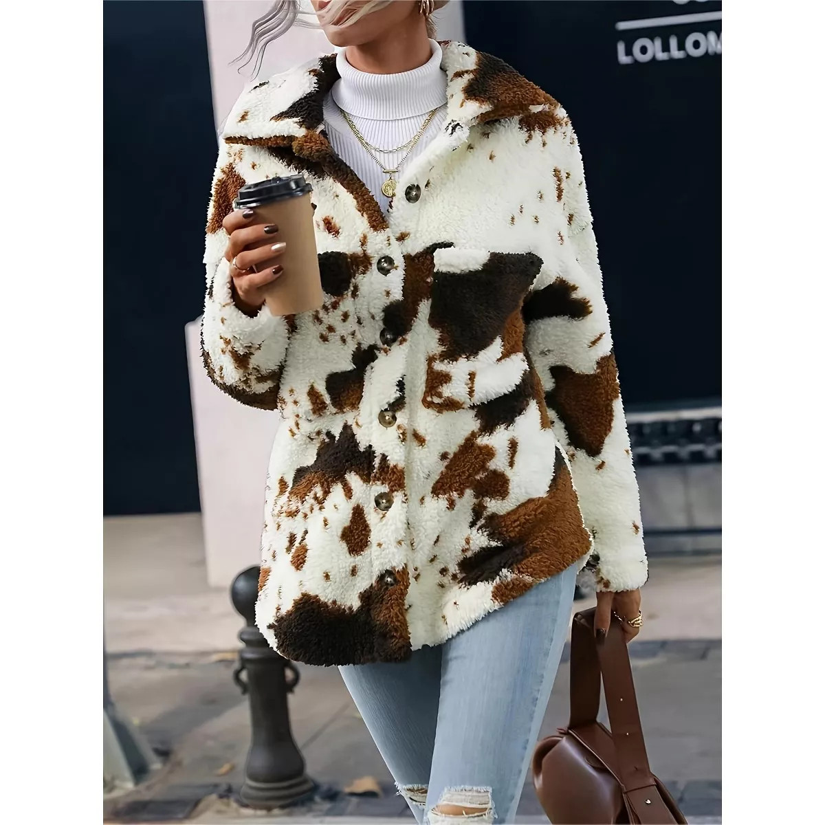 Women's Cow Print Double-Sided Fleece Button Cardigan Pocket Coat Coffee S | Target