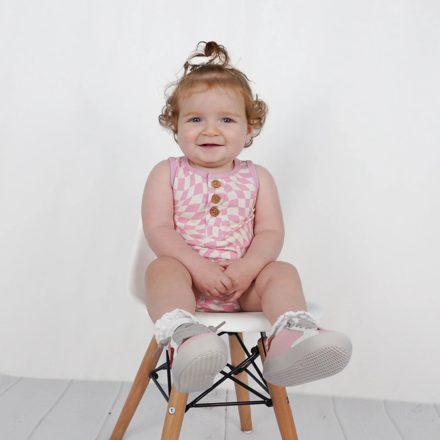 ORGANIC COTTON HENLEY ROMPER- Pink Dizzy Check | millie + roo